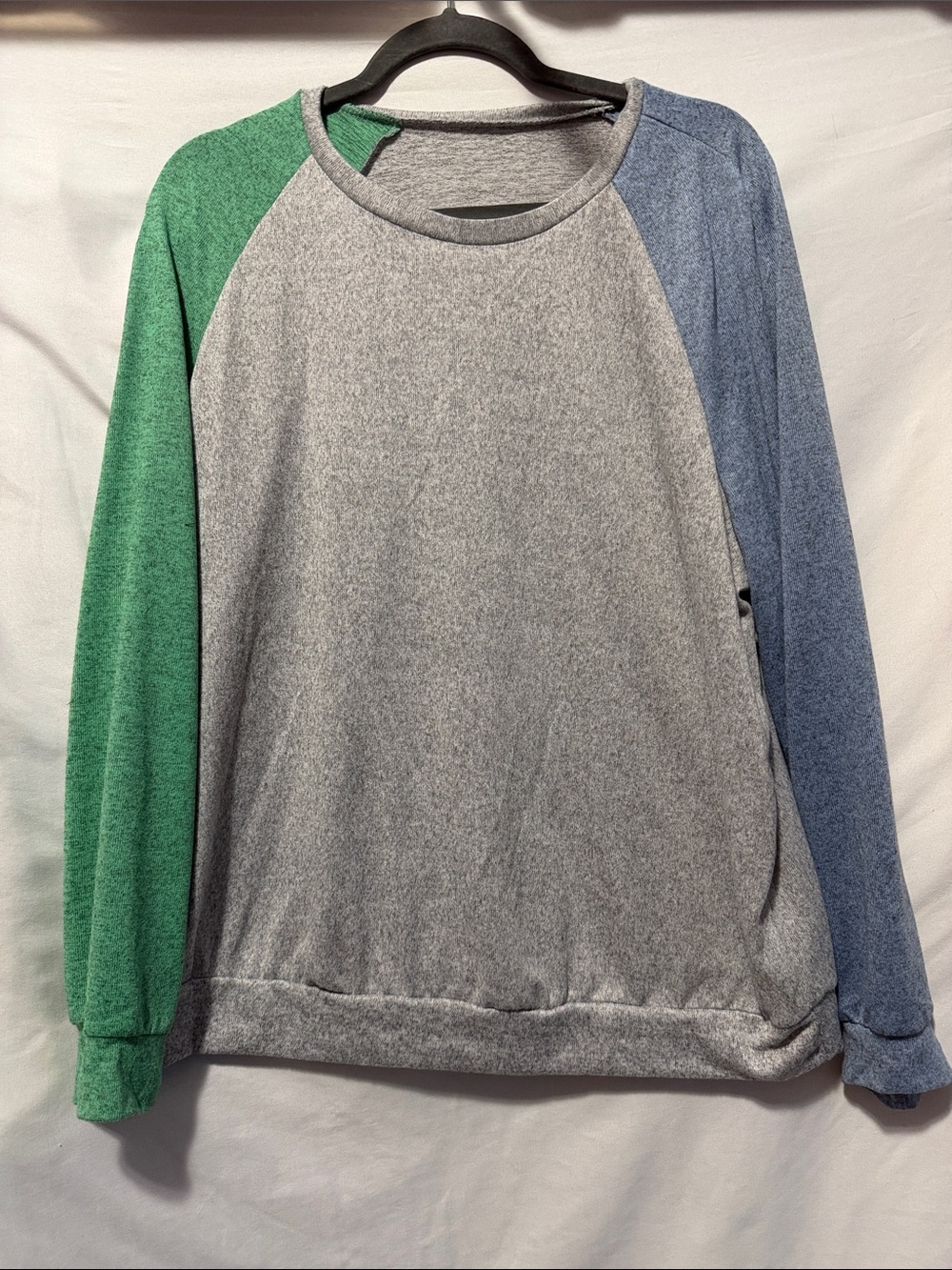 Colorblock Crewneck Sweater - Gray with Green & Blue Sleeves